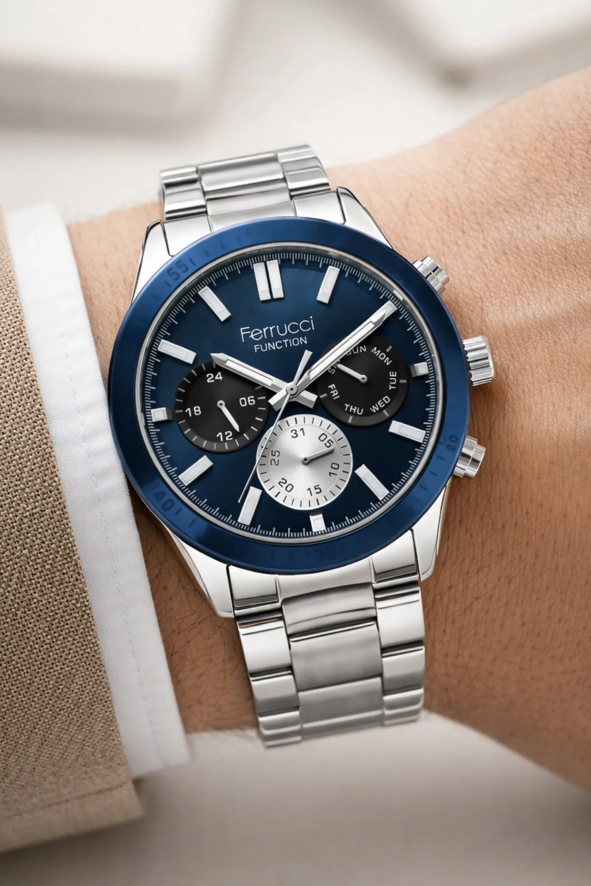 Ferrucci Function Çelik Kordon Erkek Kol Saati Gümüş-Mavi zmfer070