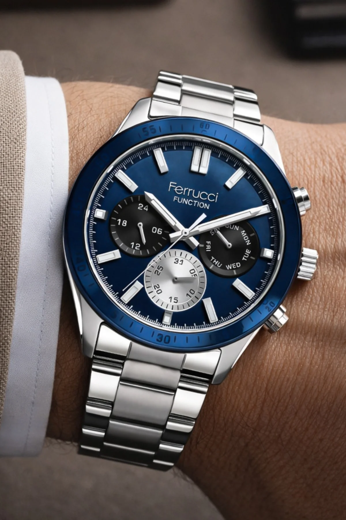 Ferrucci Function Çelik Kordon Erkek Kol Saati Gümüş-Mavi zmfer070
