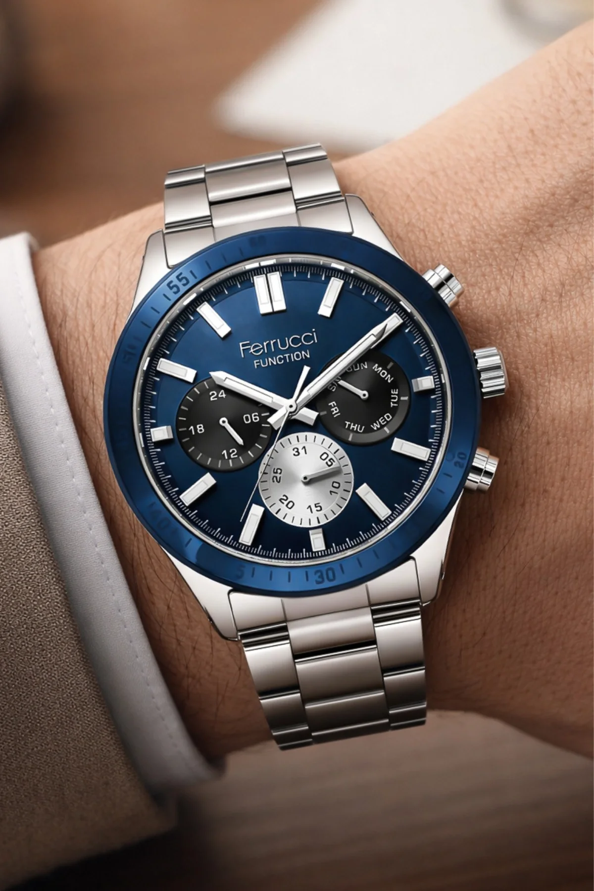 Ferrucci Function Çelik Kordon Erkek Kol Saati Gümüş-Mavi zmfer070