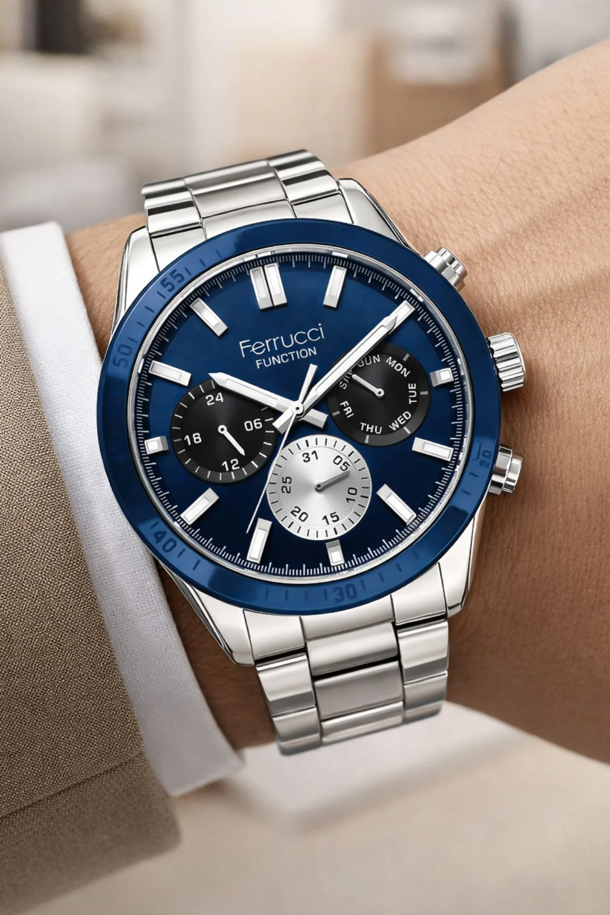 Ferrucci Function Çelik Kordon Erkek Kol Saati Gümüş-Mavi zmfer070