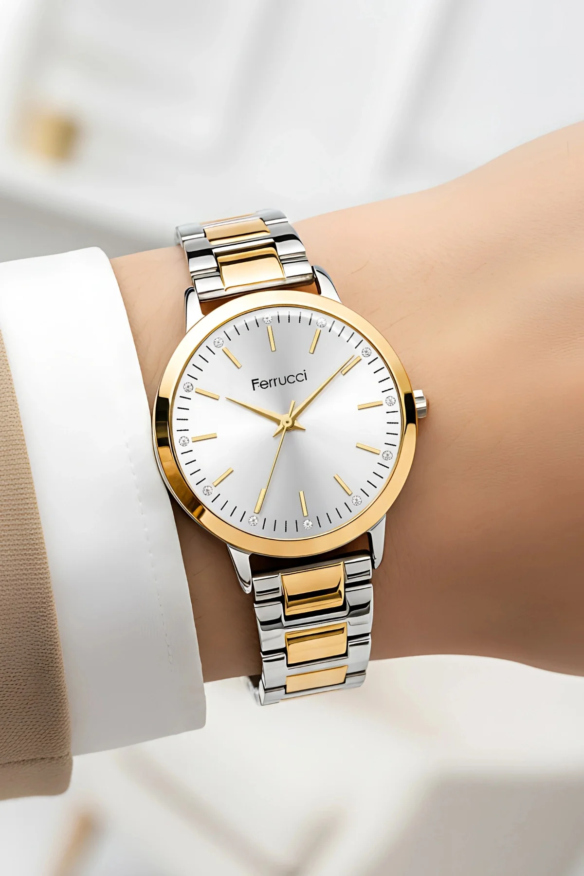 Ferrucci FC.13070M Çelik Kordon Çelik Kasa Kadın Kol Saati, Bileklik Hediye Gümüş-Gold, zmfer201