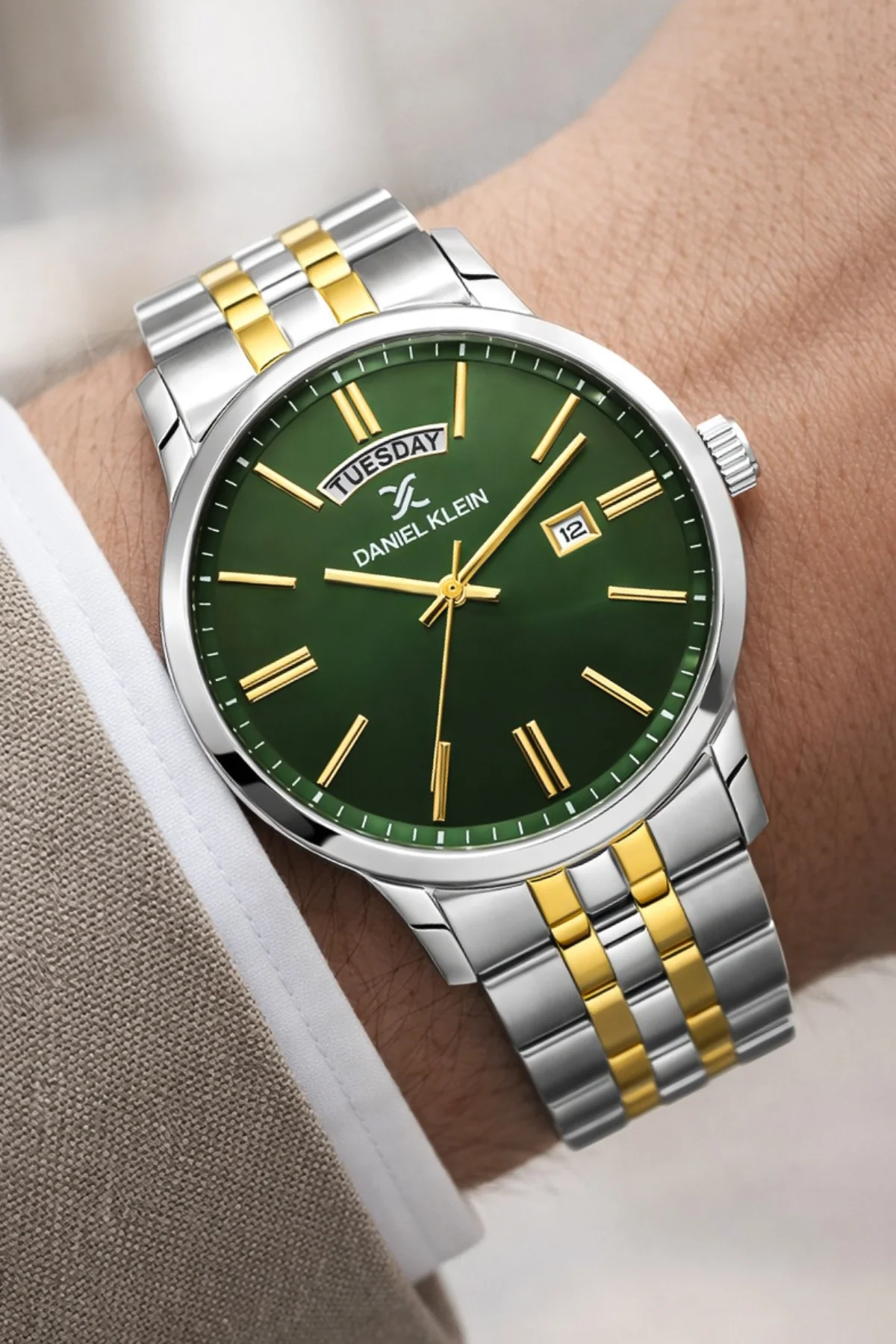 Daniel Klein Çelik Kordon&Kasa Takvimli Erkek Kol Saati Bileklik Hediyeli Gümüş-Gold-Yeşil zmdk1205