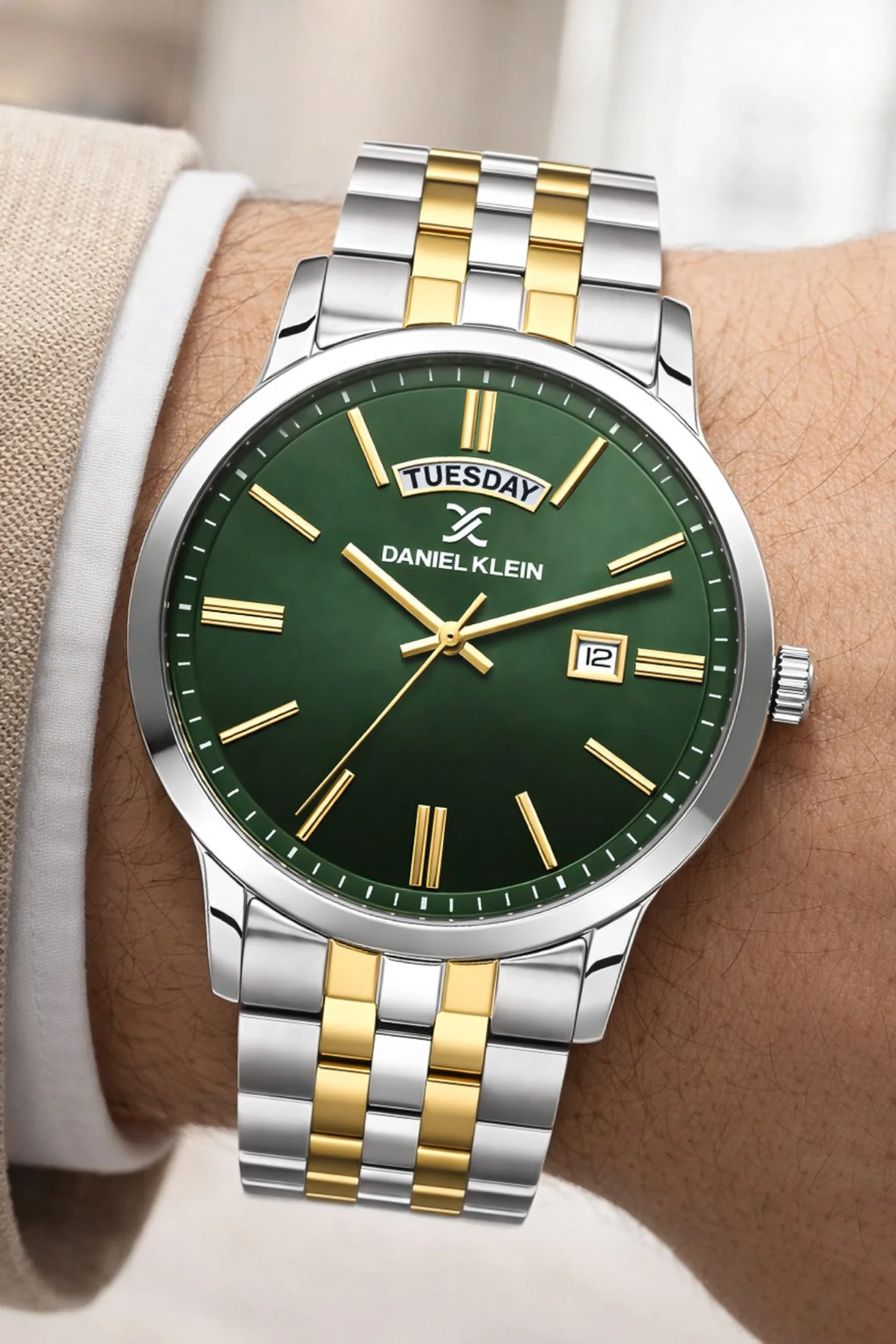 Daniel Klein Çelik Kordon&Kasa Takvimli Erkek Kol Saati Bileklik Hediyeli Gümüş-Gold-Yeşil zmdk1205