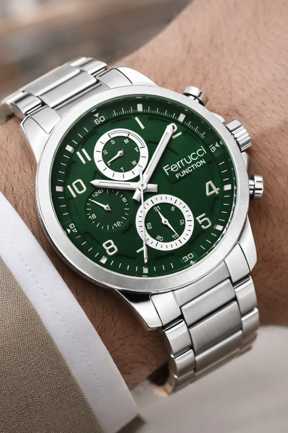 Ferrucci Function Erkek Kol Saati - Gümüş Renk Kasa ve Çelik Kordon, Yeşil Kadran ZMFer063