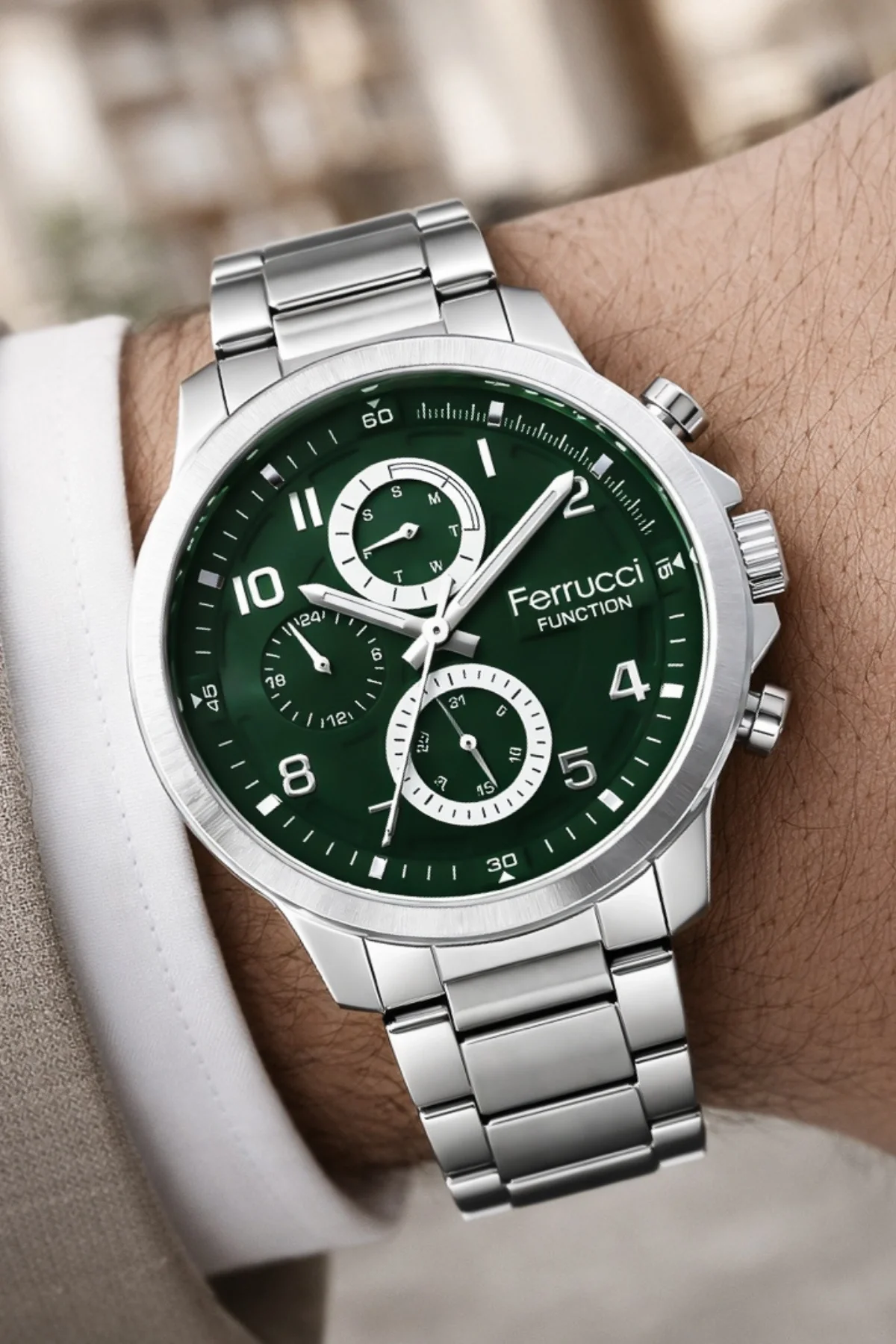 Ferrucci Function Erkek Kol Saati - Gümüş Renk Kasa ve Çelik Kordon, Yeşil Kadran ZMFer063
