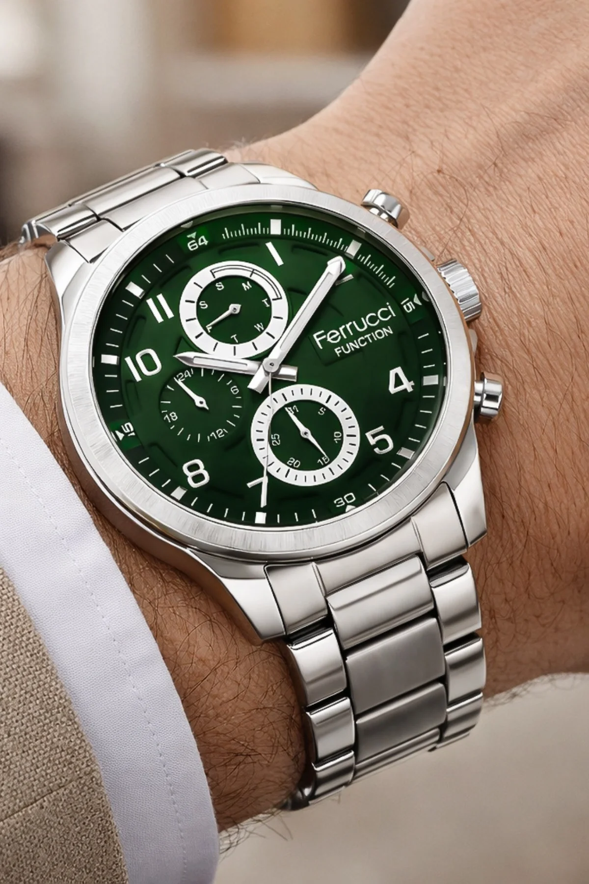 Ferrucci Function Erkek Kol Saati - Gümüş Renk Kasa ve Çelik Kordon, Yeşil Kadran ZMFer063