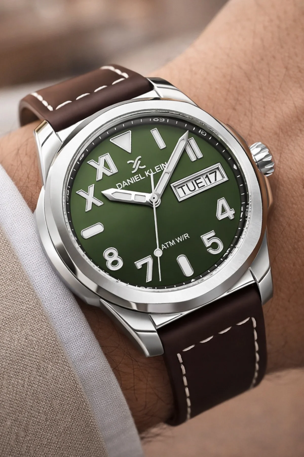 Daniel Klein Deri Kordon Çelik Kasa Takvimli Erkek Kol Saati Bileklik Hediyeli Kahve-Yeşil zmdk1209