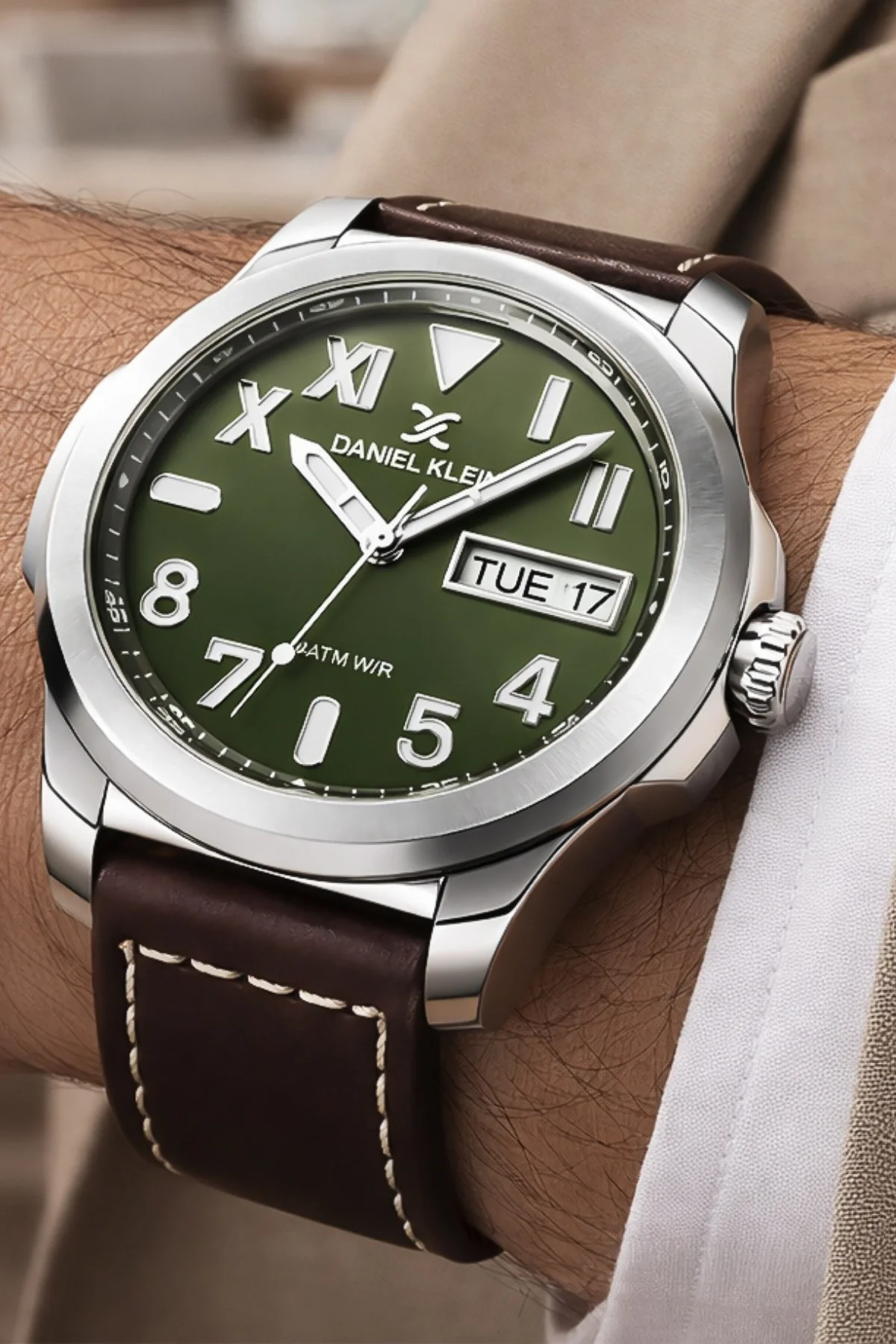 Daniel Klein Deri Kordon Çelik Kasa Takvimli Erkek Kol Saati Bileklik Hediyeli Kahve-Yeşil zmdk1209
