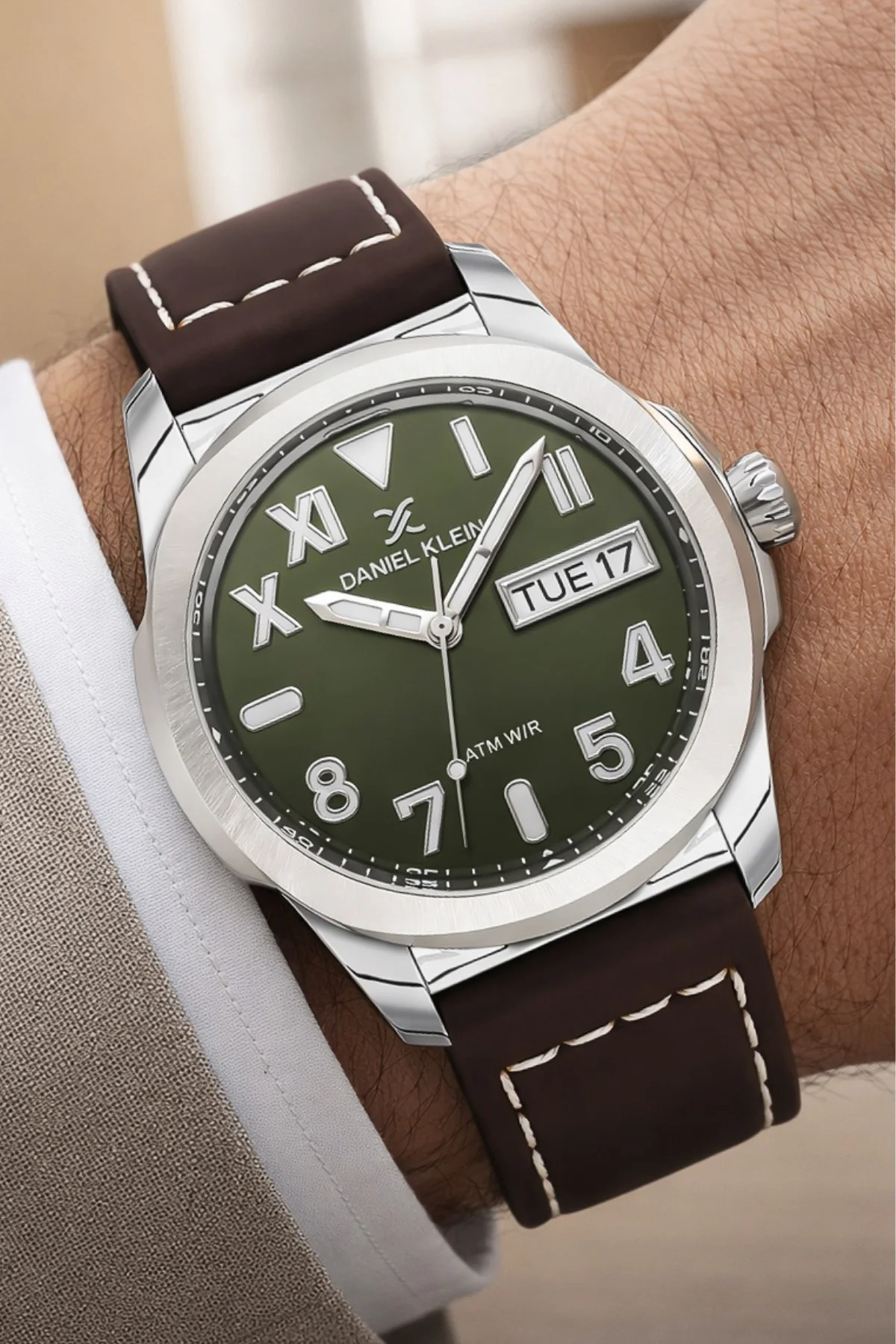 Daniel Klein Deri Kordon Çelik Kasa Takvimli Erkek Kol Saati Bileklik Hediyeli Kahve-Yeşil zmdk1209