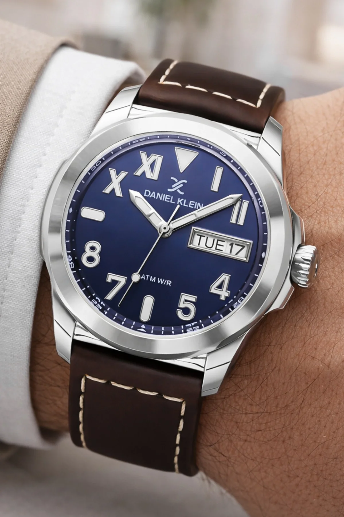 Daniel Klein Deri Kordon Çelik Kasa Takvimli Erkek Kol Saati Bileklik Hediyeli Kahve-Mavi zmdk1209