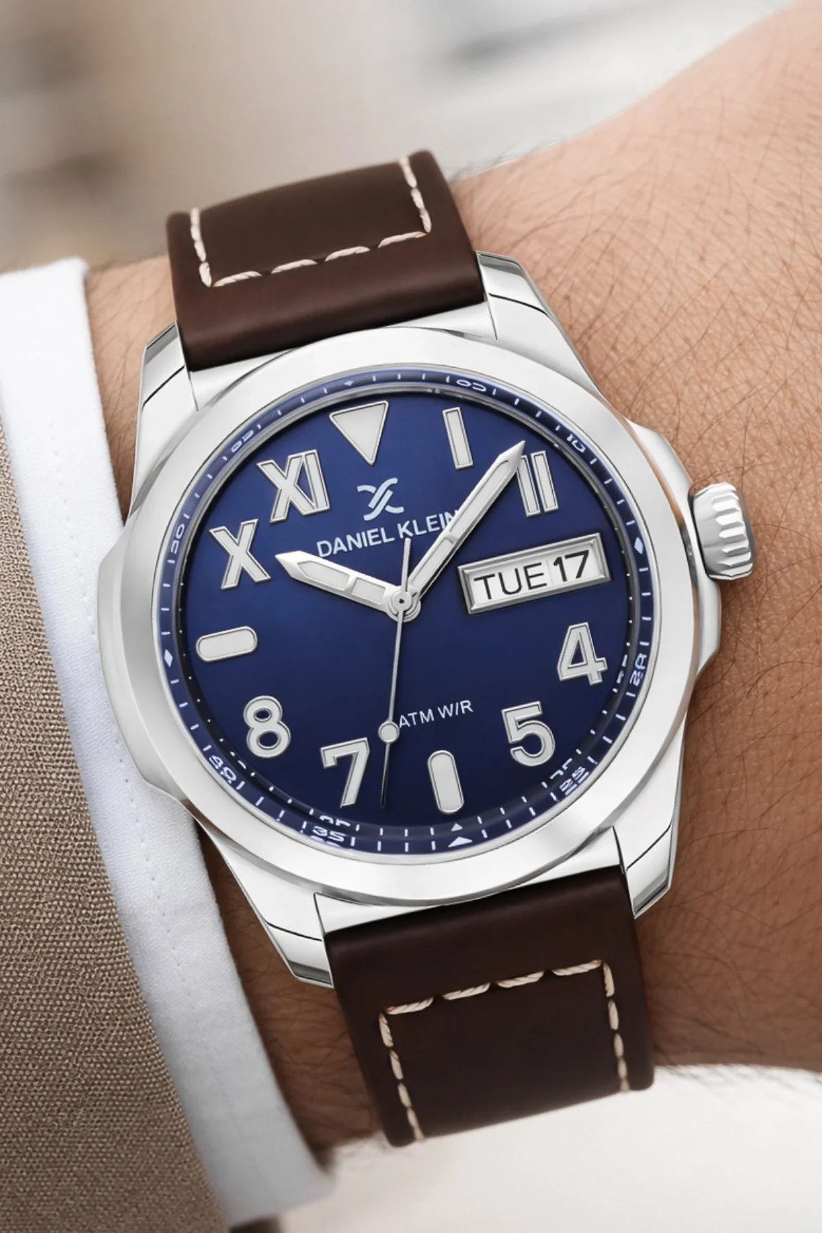Daniel Klein Deri Kordon Çelik Kasa Takvimli Erkek Kol Saati Bileklik Hediyeli Kahve-Mavi zmdk1209