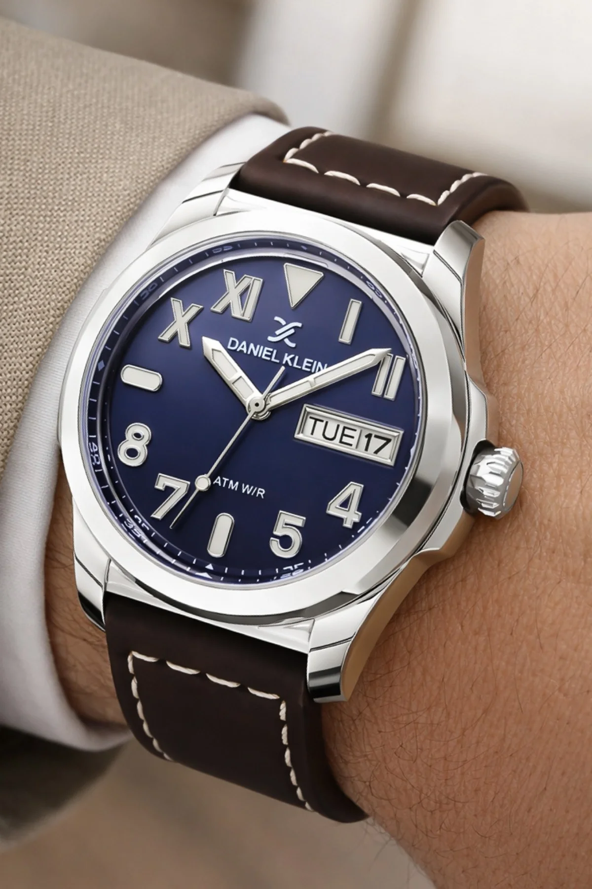 Daniel Klein Deri Kordon Çelik Kasa Takvimli Erkek Kol Saati Bileklik Hediyeli Kahve-Mavi zmdk1209
