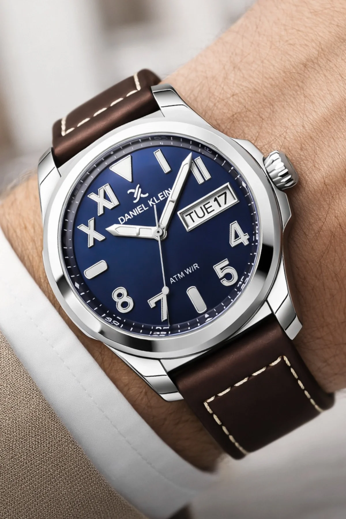 Daniel Klein Deri Kordon Çelik Kasa Takvimli Erkek Kol Saati Bileklik Hediyeli Kahve-Mavi zmdk1209
