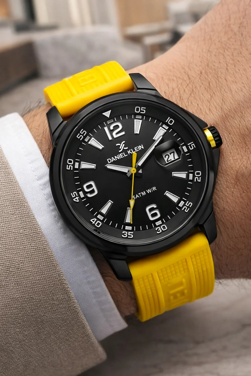Daniel Klein Silikon Kordon Çelik Kasa Takvimli Erkek Kol Saati Bileklik Hediyeli Sarı zmdk1214