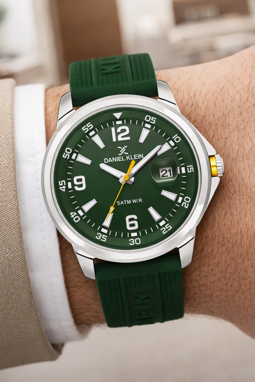 Daniel Klein Silikon Kordon Çelik Kasa Takvimli Erkek Kol Saati Bileklik Hediyeli Yeşil zmdk1214