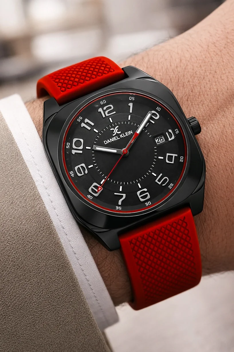 Daniel Klein Silikon Kordon Çelik Kasa Takvimli Erkek Kol Saati Bileklik Hediyeli Kırmızı zmdk1216