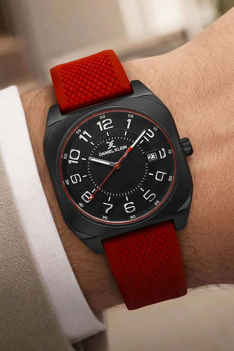 Daniel Klein Silikon Kordon Çelik Kasa Takvimli Erkek Kol Saati Bileklik Hediyeli Kırmızı zmdk1216