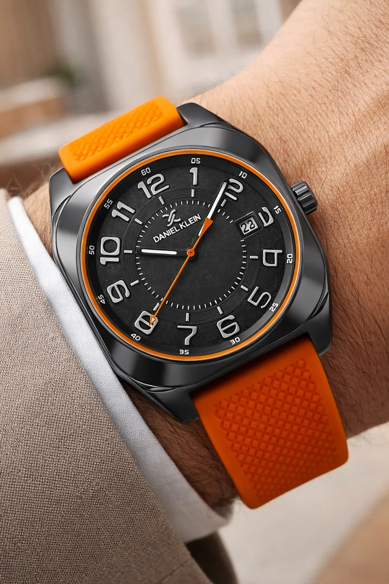 Daniel Klein Silikon Kordon Çelik Kasa Takvimli Erkek Kol Saati Bileklik Hediyeli Turuncu zmdk1216