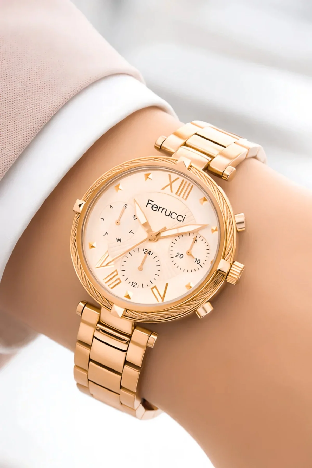 Ferrucci Kadın Kol Saati Çelik Kordon Çelik Kasa Taşlı Bileklik Hediyesi ile Rose zmfer045