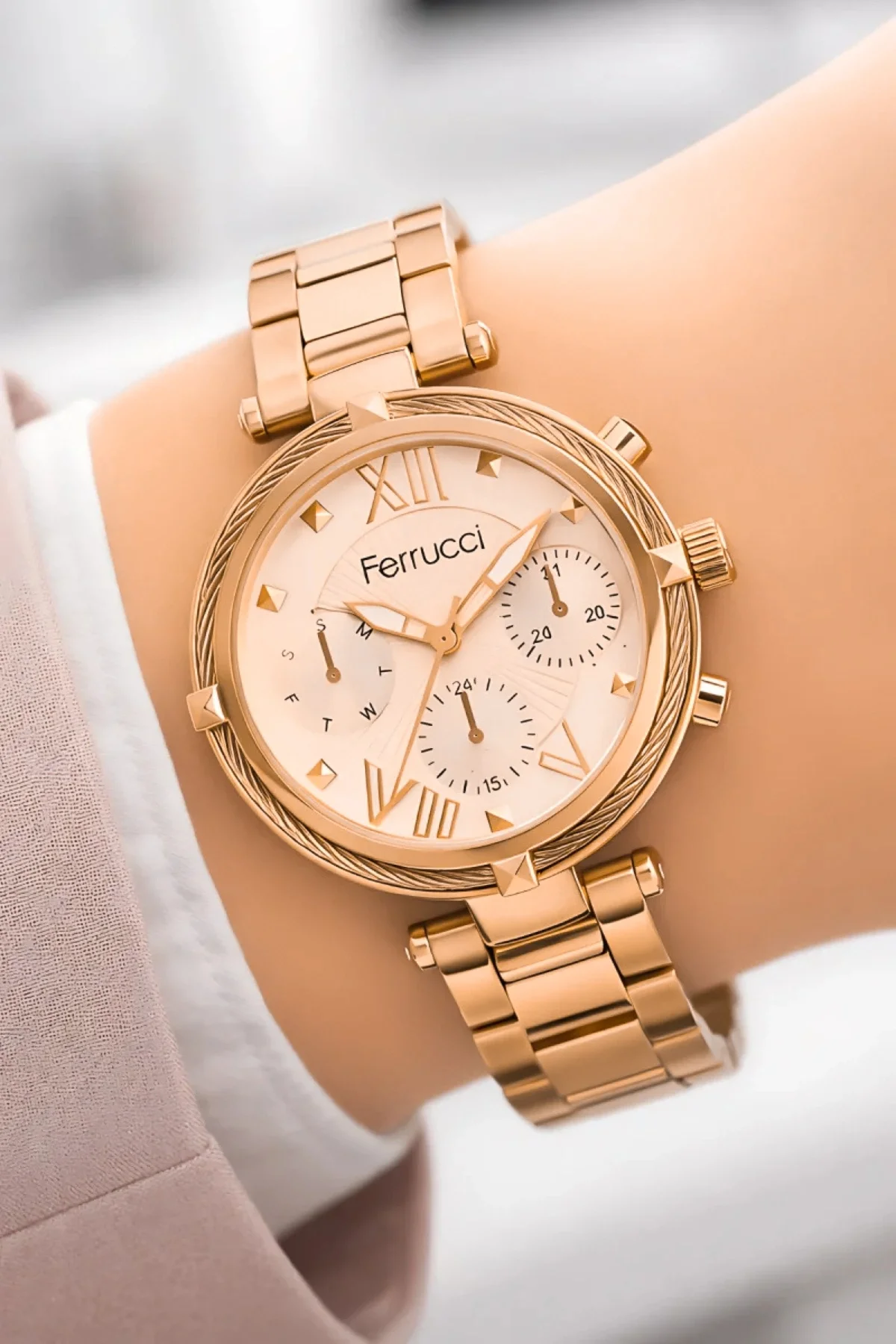 Ferrucci Kadın Kol Saati Çelik Kordon Çelik Kasa Taşlı Bileklik Hediyesi ile Rose zmfer045