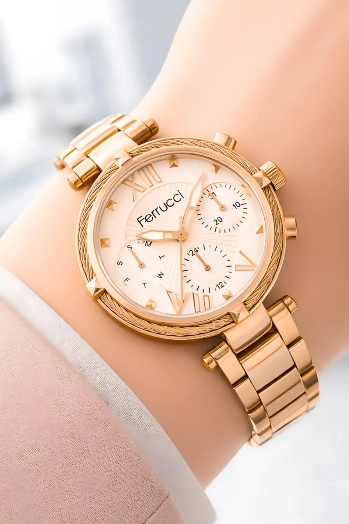 Ferrucci Kadın Kol Saati Çelik Kordon Çelik Kasa Taşlı Bileklik Hediyesi ile Rose zmfer045