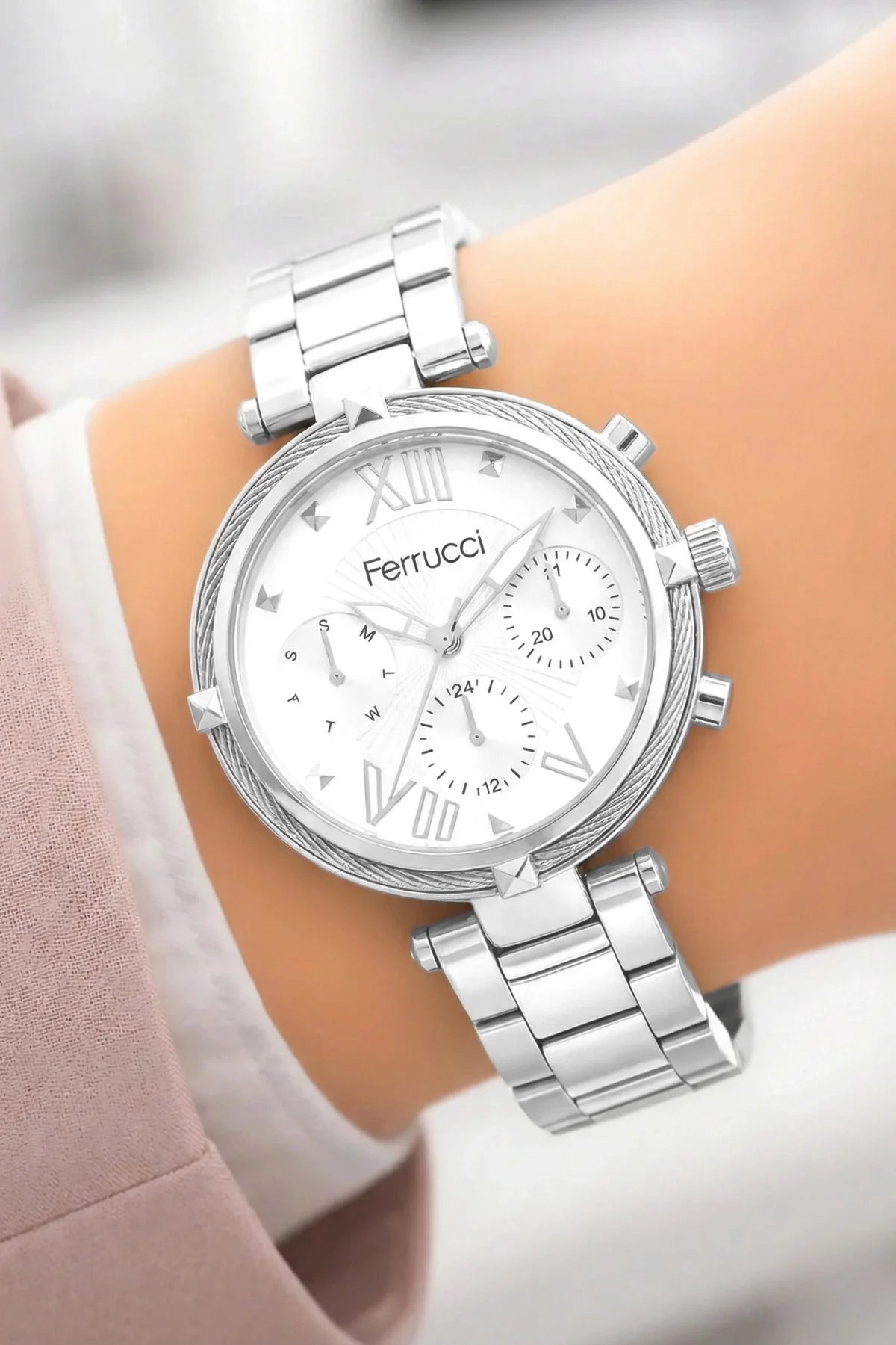 Ferrucci Kadın Kol Saati Çelik Kordon Çelik Kasa Taşlı Bileklik Hediyesi ile Gümüş zmfer045