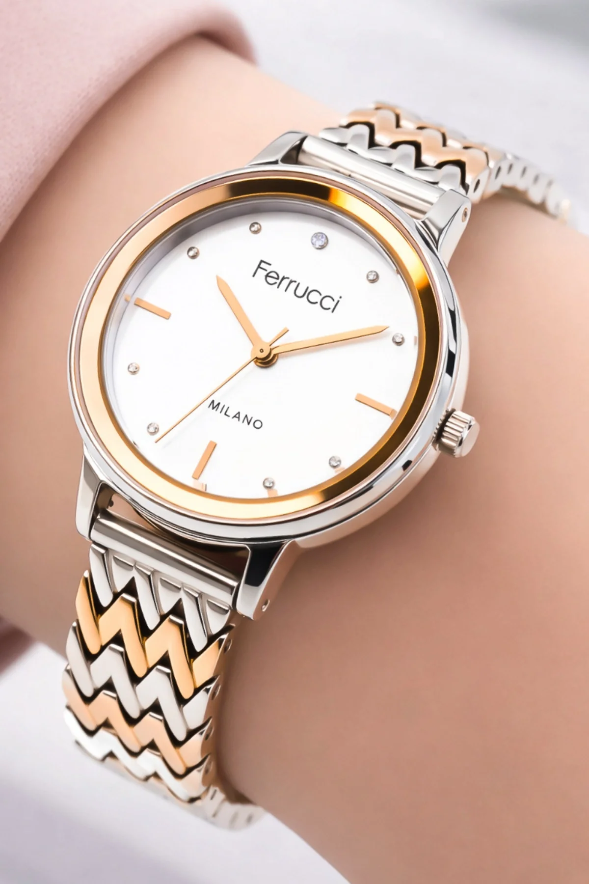 Ferrucci Çelik Kordon Çelik Kasa Kadın Kol Saati, 3 ATM Su Geçirmez Rose-Gümüş zmfer178