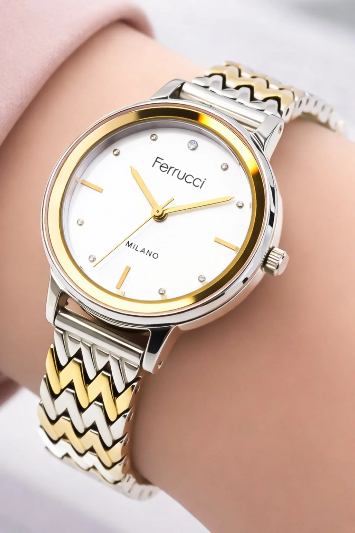 Ferrucci Çelik Kordon Çelik Kasa Kadın Kol Saati, 3 ATM Su Geçirmez Gold-Gümüş zmfer178