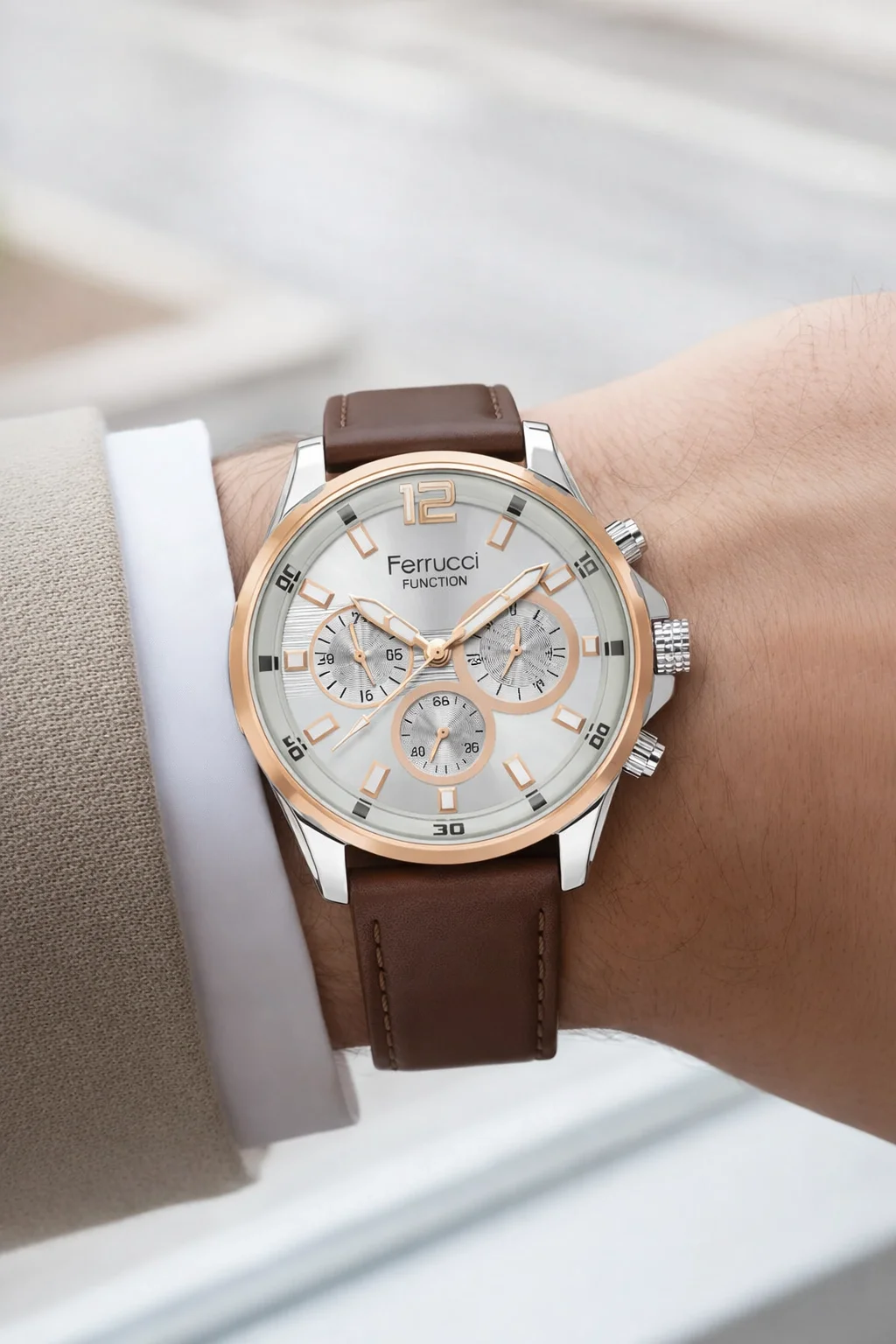 Ferrucci Acı Kahve Renk, Deri Kordon, Function Erkek Kol Saati+Bileklik Kahve-Gümüş zmfer158