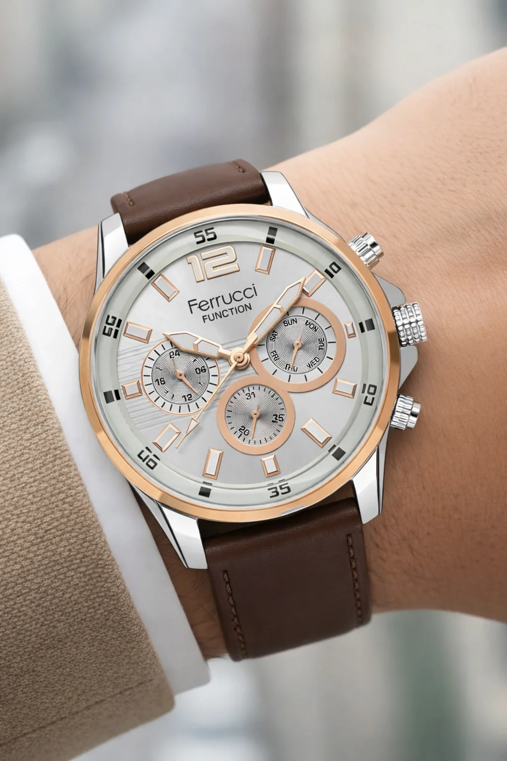 Ferrucci Acı Kahve Renk, Deri Kordon, Function Erkek Kol Saati+Bileklik Kahve-Gümüş zmfer158