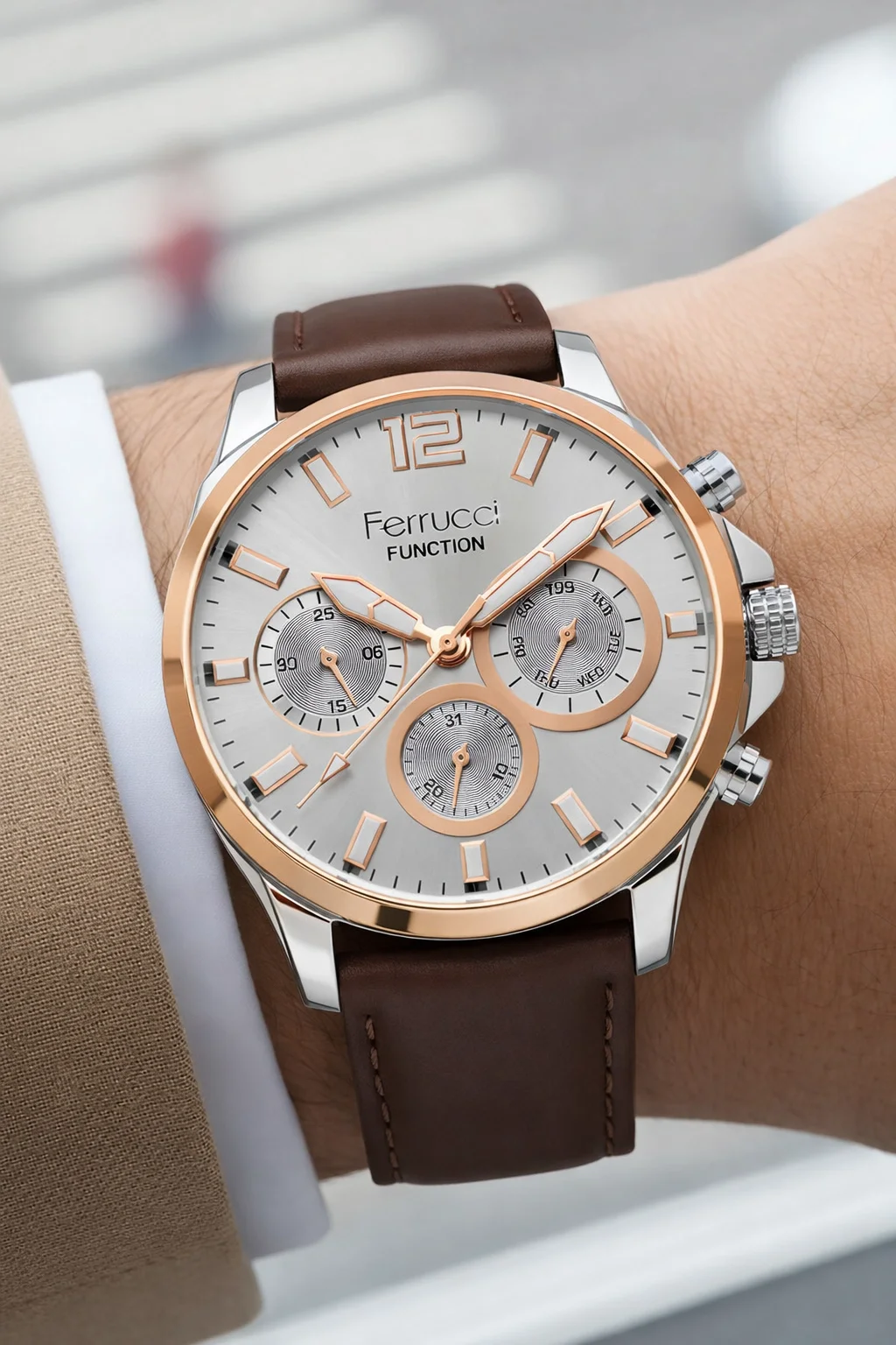 Ferrucci Acı Kahve Renk, Deri Kordon, Function Erkek Kol Saati+Bileklik Kahve-Gümüş zmfer158
