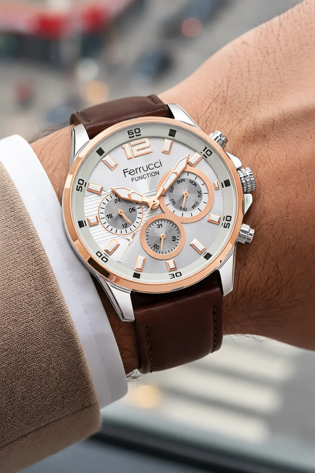 Ferrucci Acı Kahve Renk, Deri Kordon, Function Erkek Kol Saati+Bileklik Kahve-Gümüş zmfer158