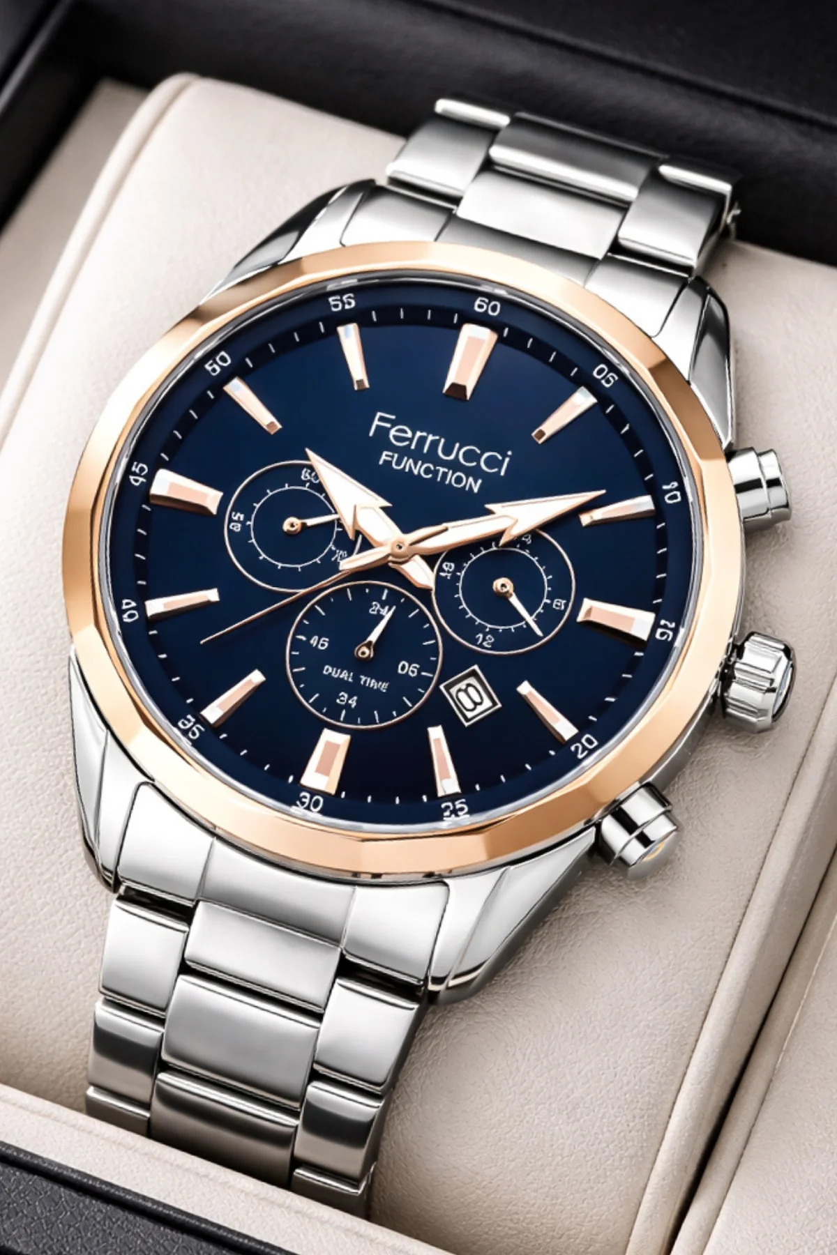 Ferrucci Function Gümüş Renk Çelik Kordon Rose Kasa Erkek Kol Saati 3 Atm Suya Dayanıklı ZMFER041