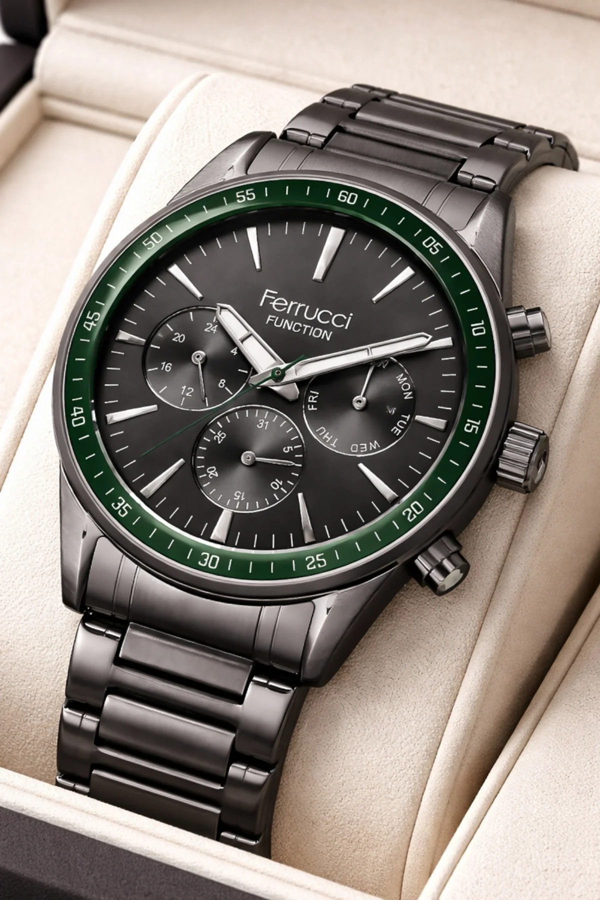 Ferrucci ZMFER041 Function Erkek Kol Saati Füme Çelik Kasa&Kordon 44 mm 3 ATM Suya Dayanıklı, ZMFER041