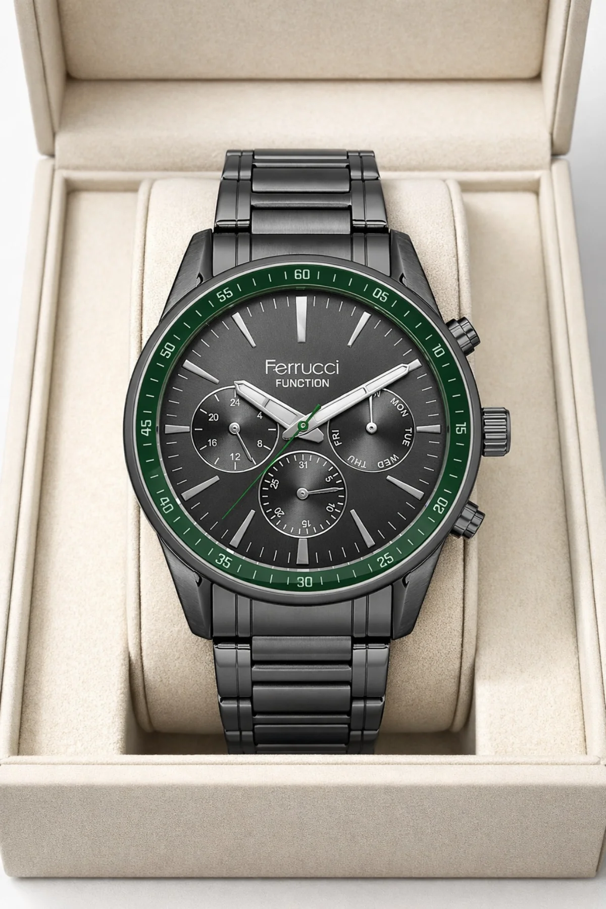 Ferrucci ZMFER041 Function Erkek Kol Saati Füme Çelik Kasa&Kordon 44 mm 3 ATM Suya Dayanıklı, ZMFER041
