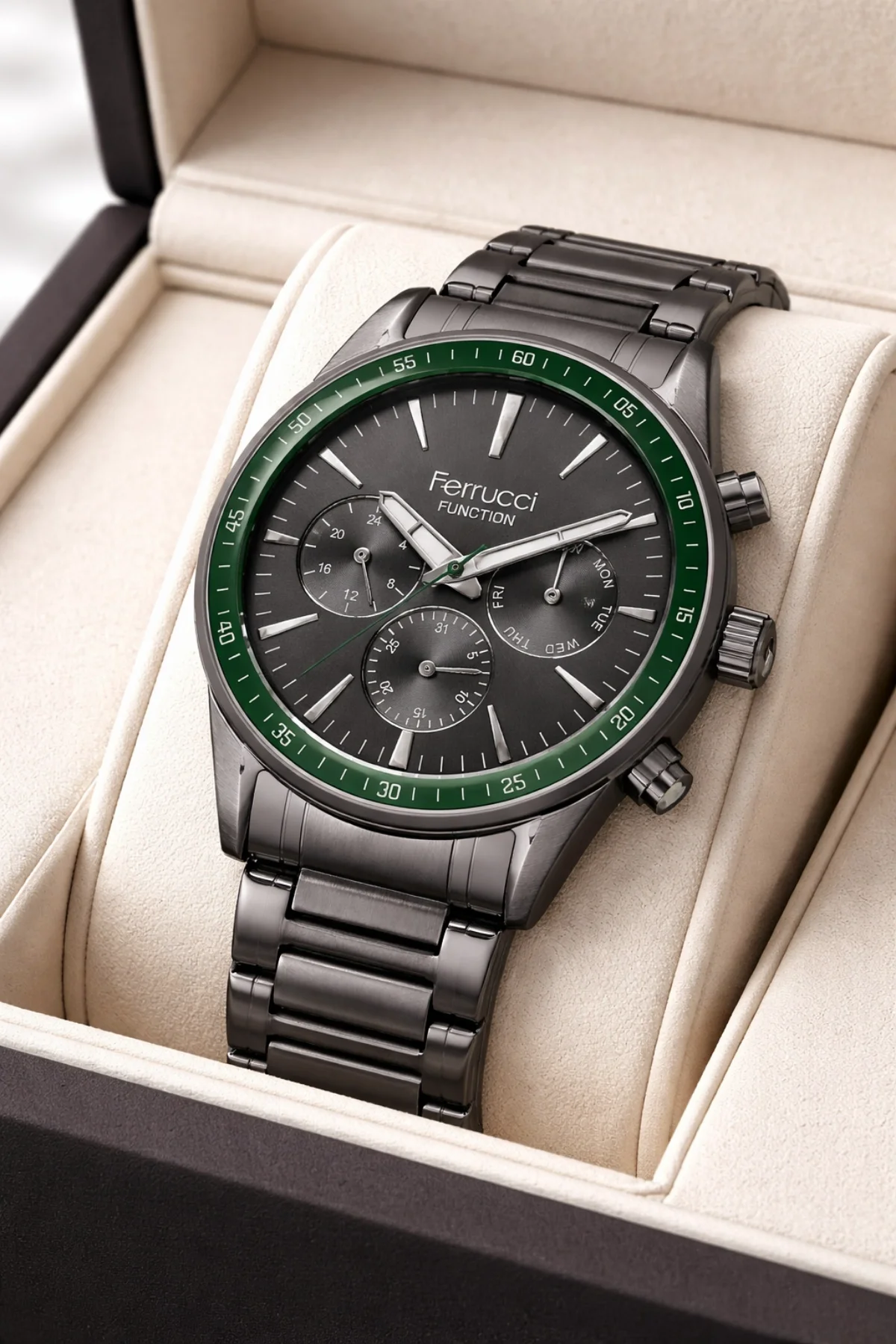 Ferrucci ZMFER041 Function Erkek Kol Saati Füme Çelik Kasa&Kordon 44 mm 3 ATM Suya Dayanıklı, ZMFER041