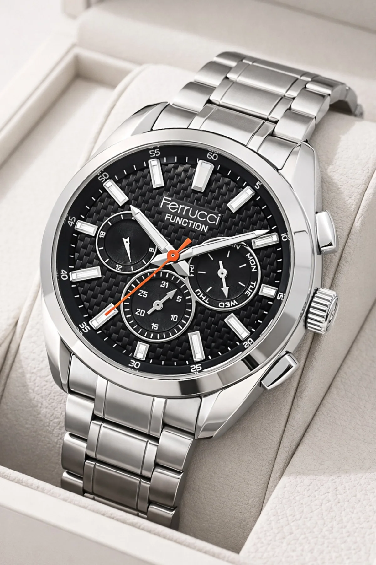 Ferrucci Function Erkek Kol Saati Çelik Kordon&Kasa 3 ATM Suya Dayanıklılık Gümüş-Siyah ZMFER041