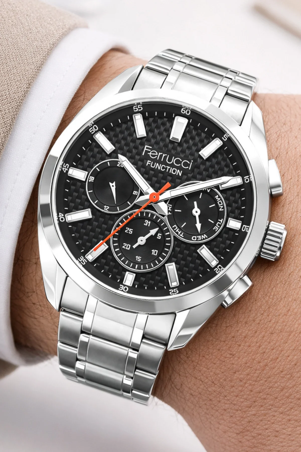 Ferrucci Function Erkek Kol Saati Çelik Kordon&Kasa 3 ATM Suya Dayanıklılık Gümüş-Siyah ZMFER041