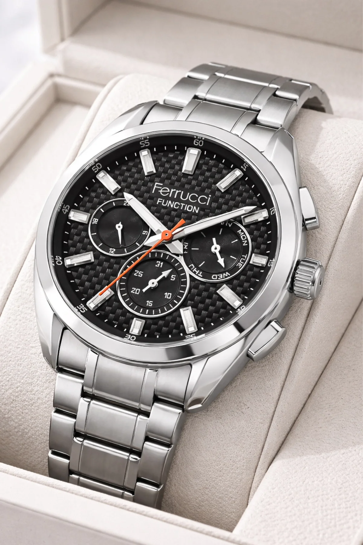 Ferrucci Function Erkek Kol Saati Çelik Kordon&Kasa 3 ATM Suya Dayanıklılık Gümüş-Siyah ZMFER041