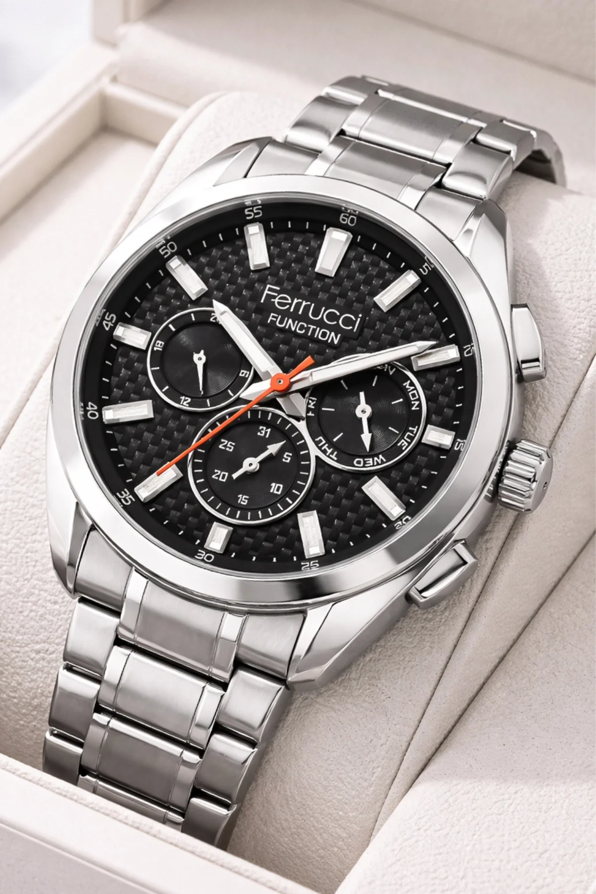 Ferrucci Function Erkek Kol Saati Çelik Kordon&Kasa 3 ATM Suya Dayanıklılık Gümüş-Siyah ZMFER041