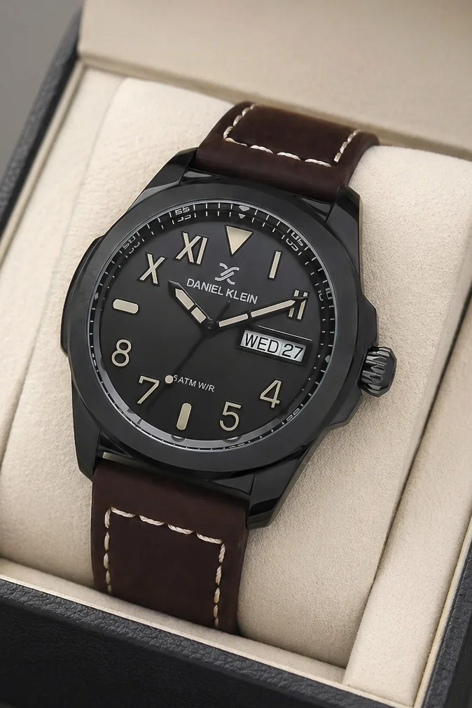 Daniel Klein Kahverengi Deri Kordon Siyah Renk Çelik Kasa Takvimli Erkek Kol Saati Bileklik Hediyeli zmdk1170
