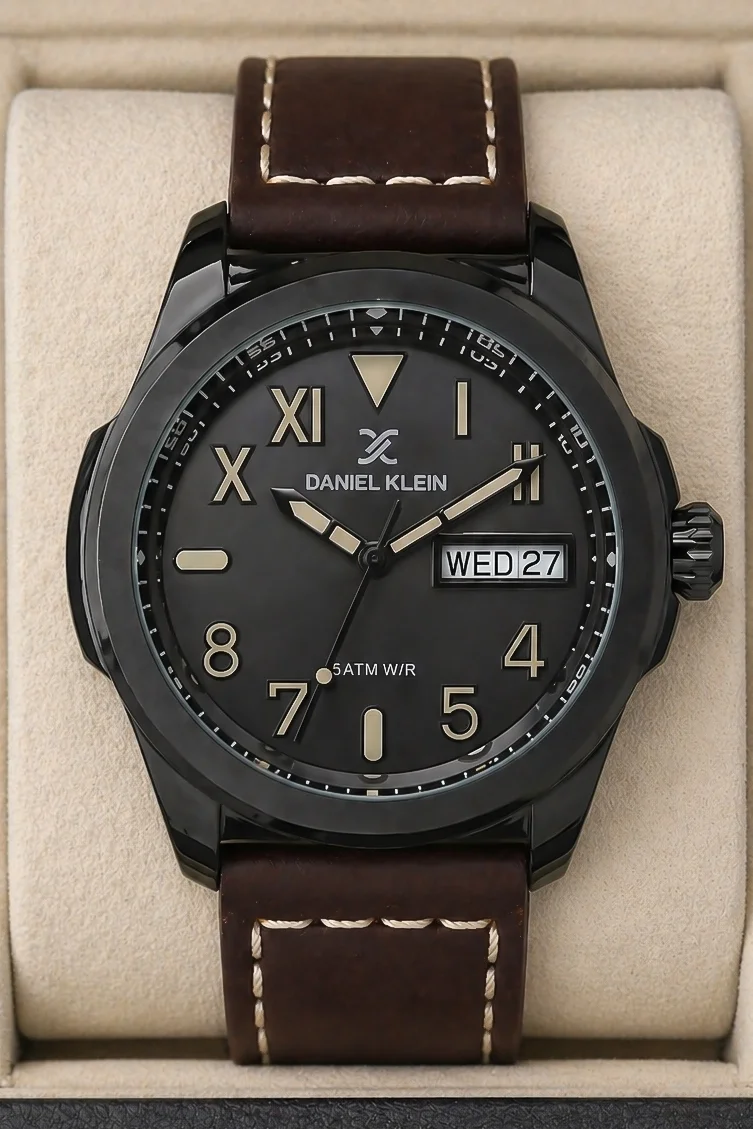 Daniel Klein Kahverengi Deri Kordon Siyah Renk Çelik Kasa Takvimli Erkek Kol Saati Bileklik Hediyeli zmdk1170