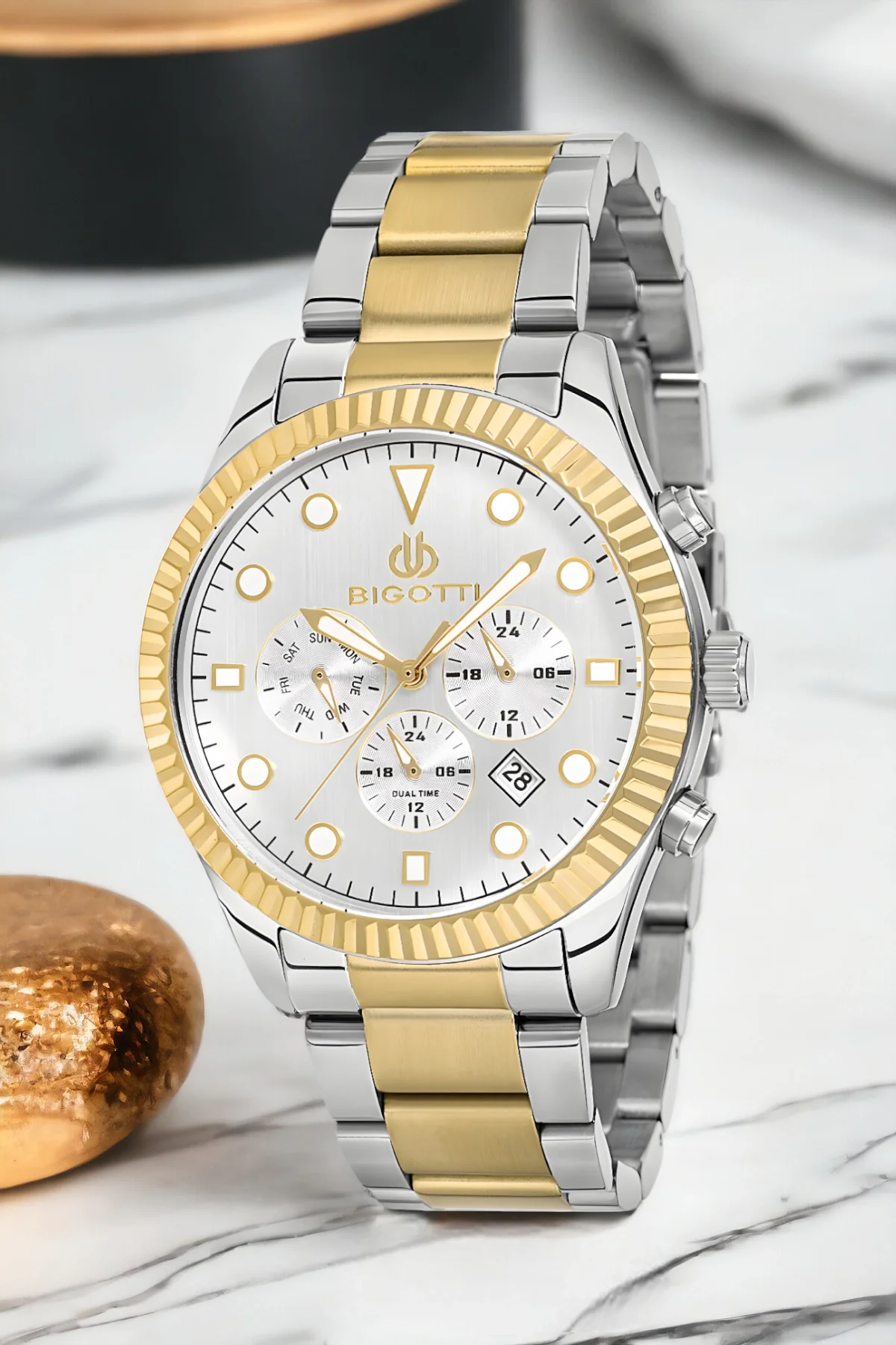 Bigotti BG.1.10280.5 Fonksiyon Erkek Kol Saati Gümüş-Gold Renk Çelik Kasa&Kordon+Bileklik Hediye ZMB011