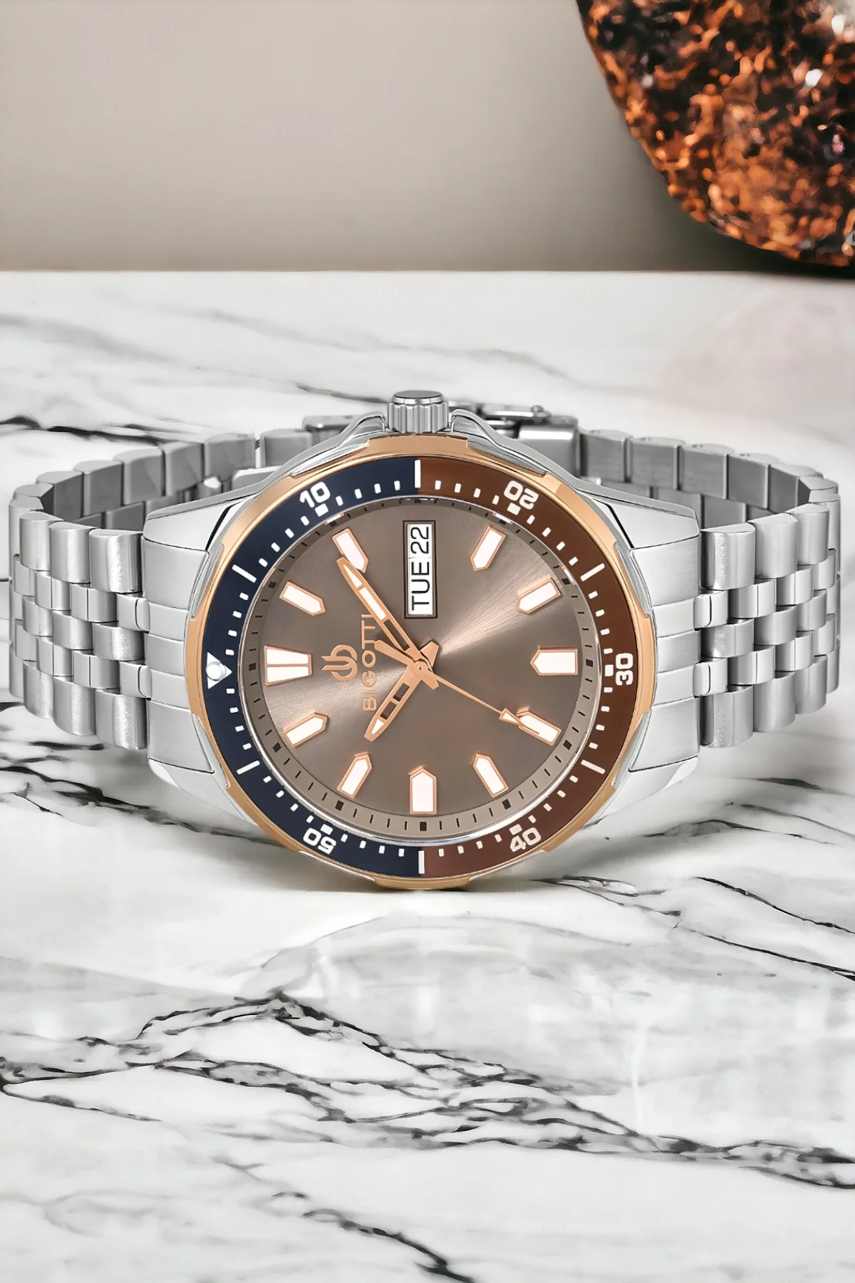 Bigotti Fonksiyon Erkek Kol Saati Gümüş-Rose Renk BG.1.10320.3 Çelik Kasa&Kordon+Bileklik Hediye ZMB012