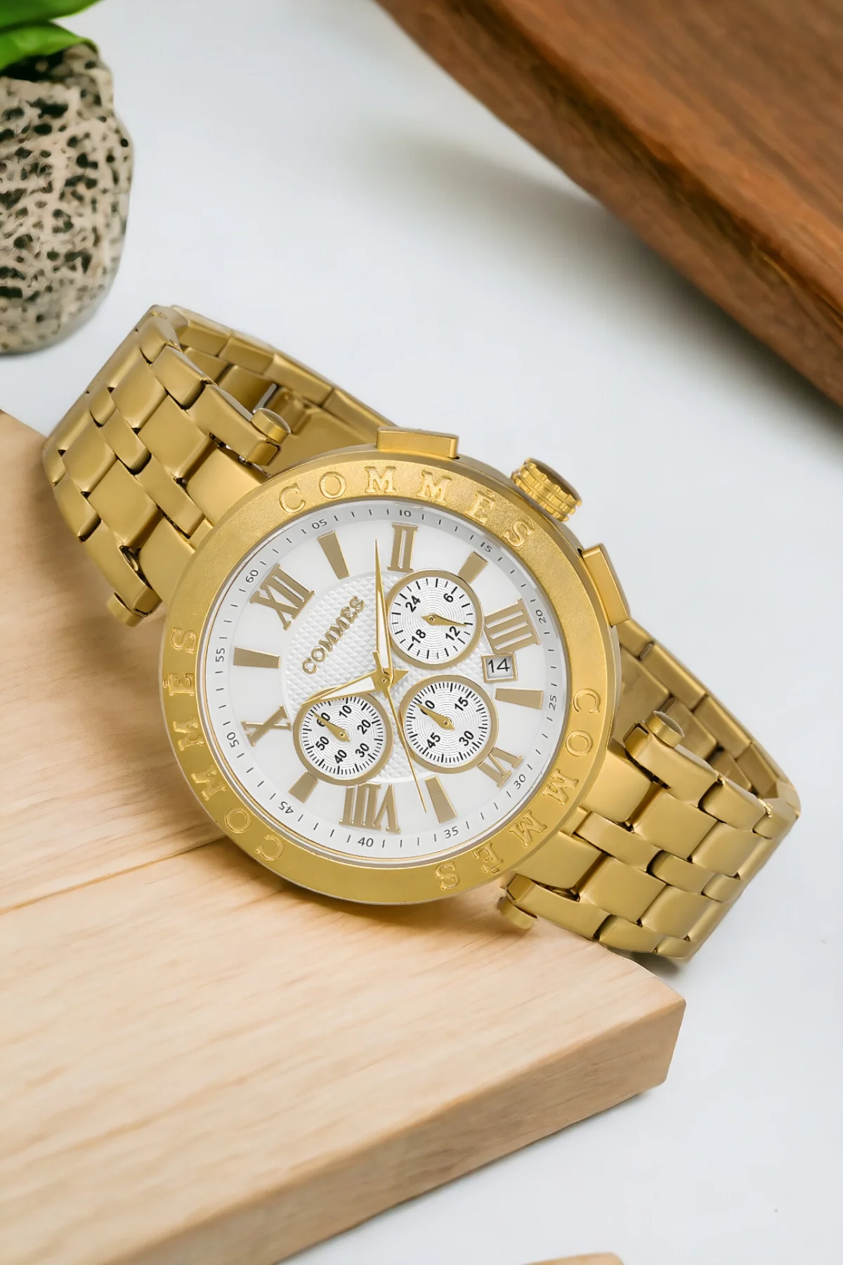 Commes Çelik Kordon Erkek Kol Saati Full Fonksiyon Crono Gold-Beyaz Renk+Bileklik zmcms031