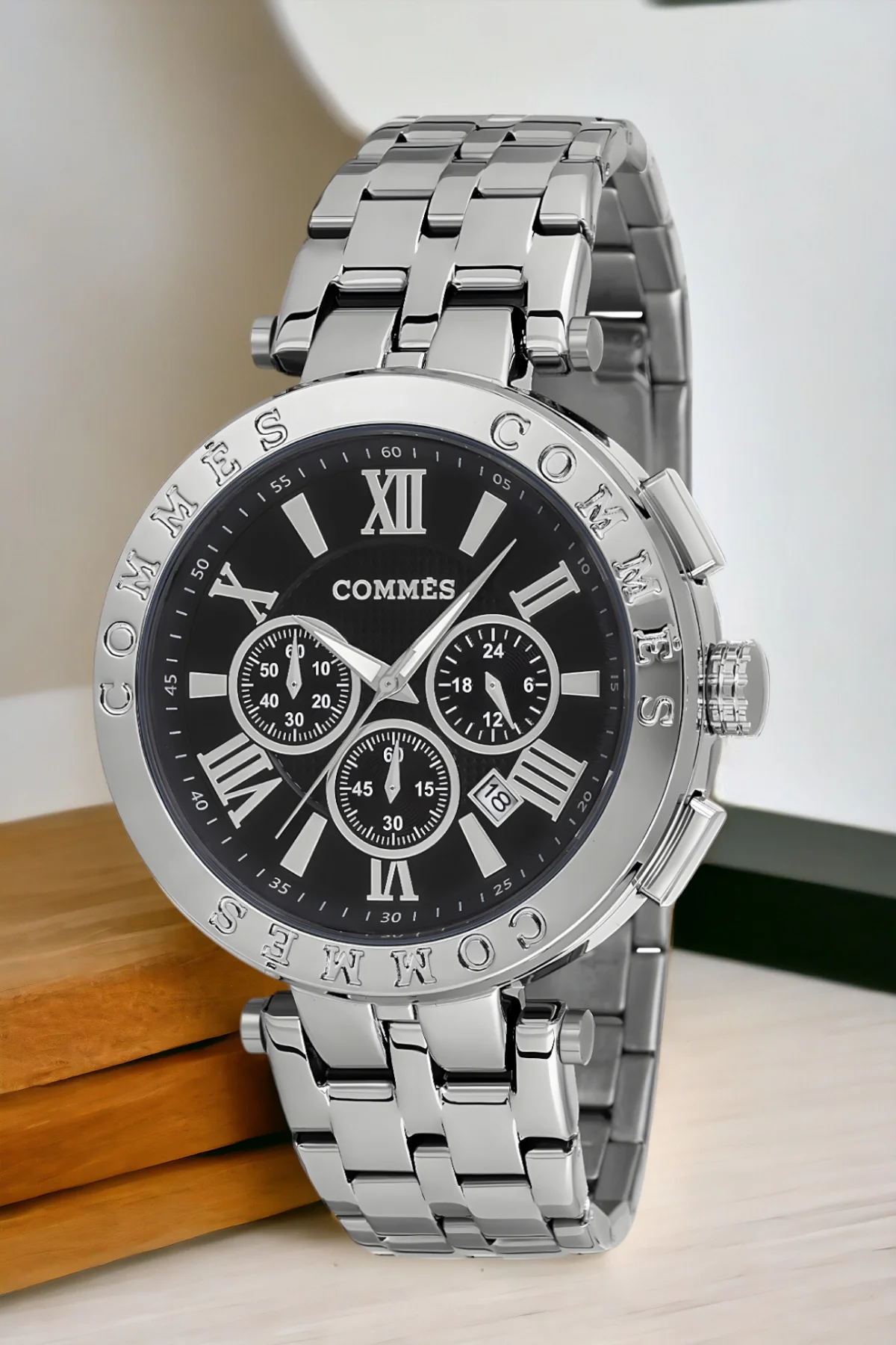 Commes Çelik Kordon Erkek Kol Saati Full Fonksiyon Crono Gümüş-Siyah Renk+Bileklik zmcms031