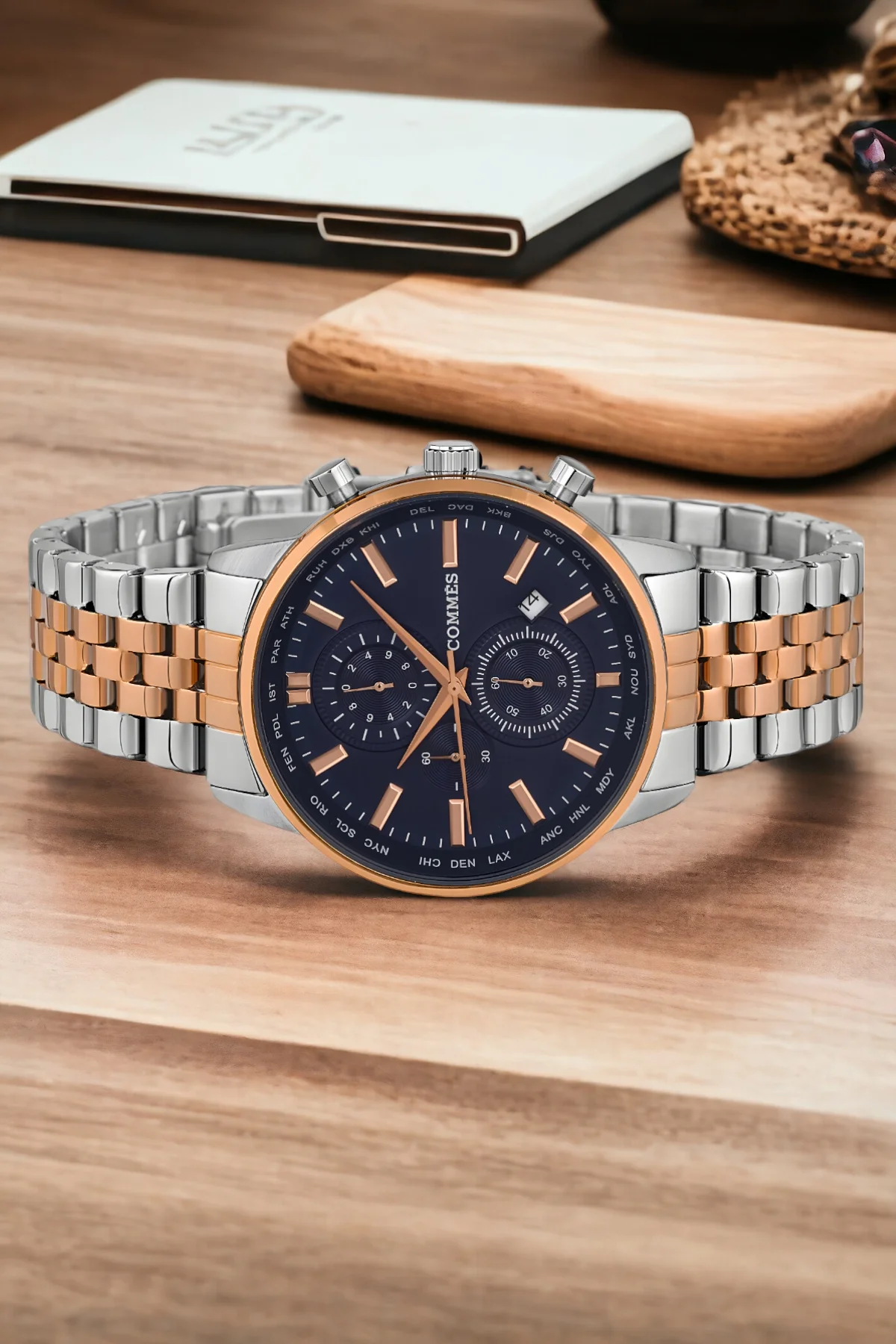 Commes Çelik Kordon Erkek Kol Saati Full Fonksiyon Crono Gümüş-Rose Renk+Bileklik zmcms030