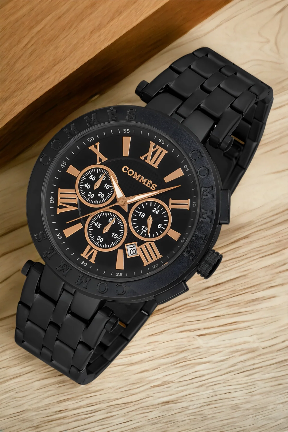 Commes Çelik Kordon Erkek Kol Saati Full Fonksiyon Crono Siyah-Rose Renk+Bileklik zmcms031
