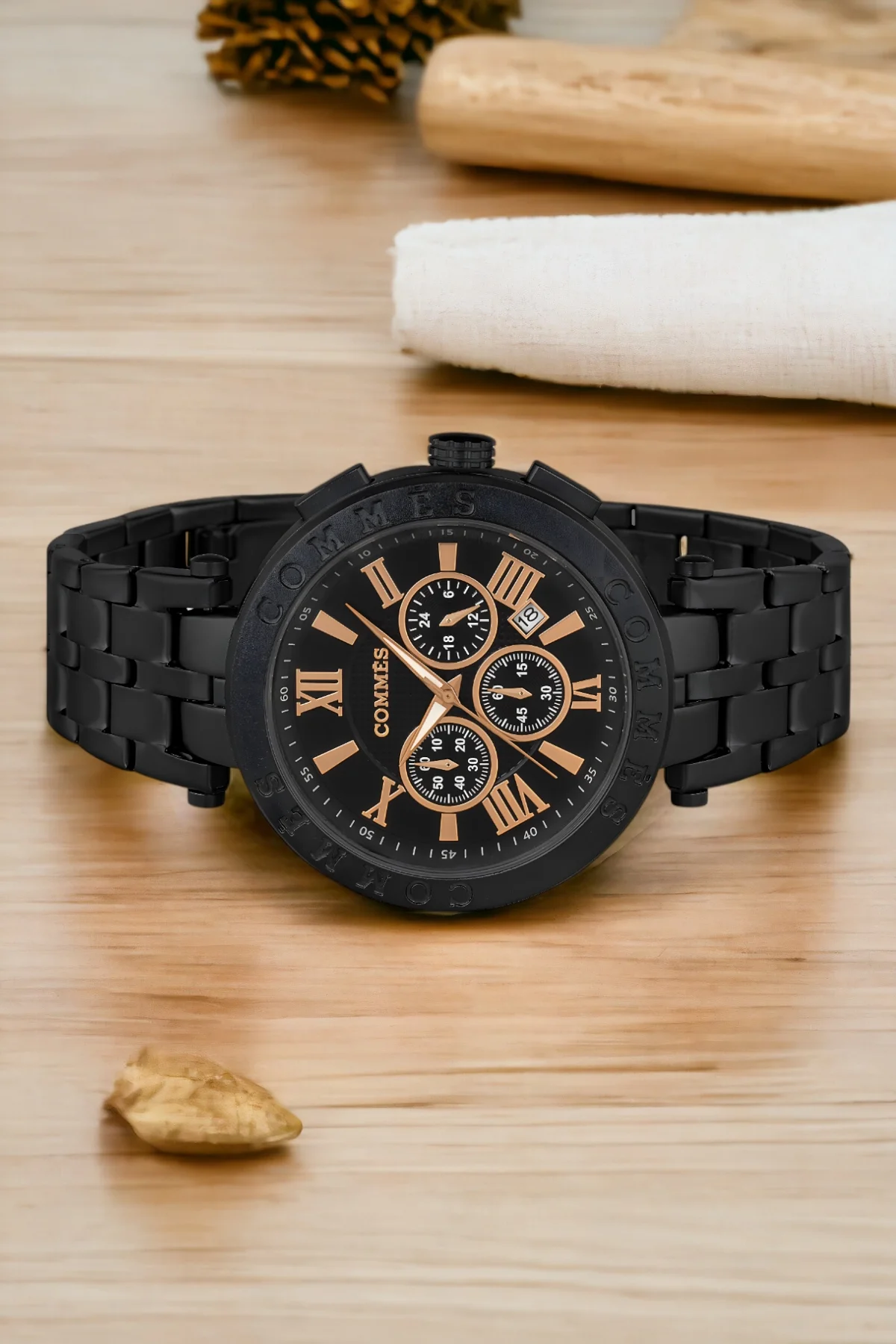 Commes Çelik Kordon Erkek Kol Saati Full Fonksiyon Crono Siyah-Rose Renk+Bileklik zmcms031