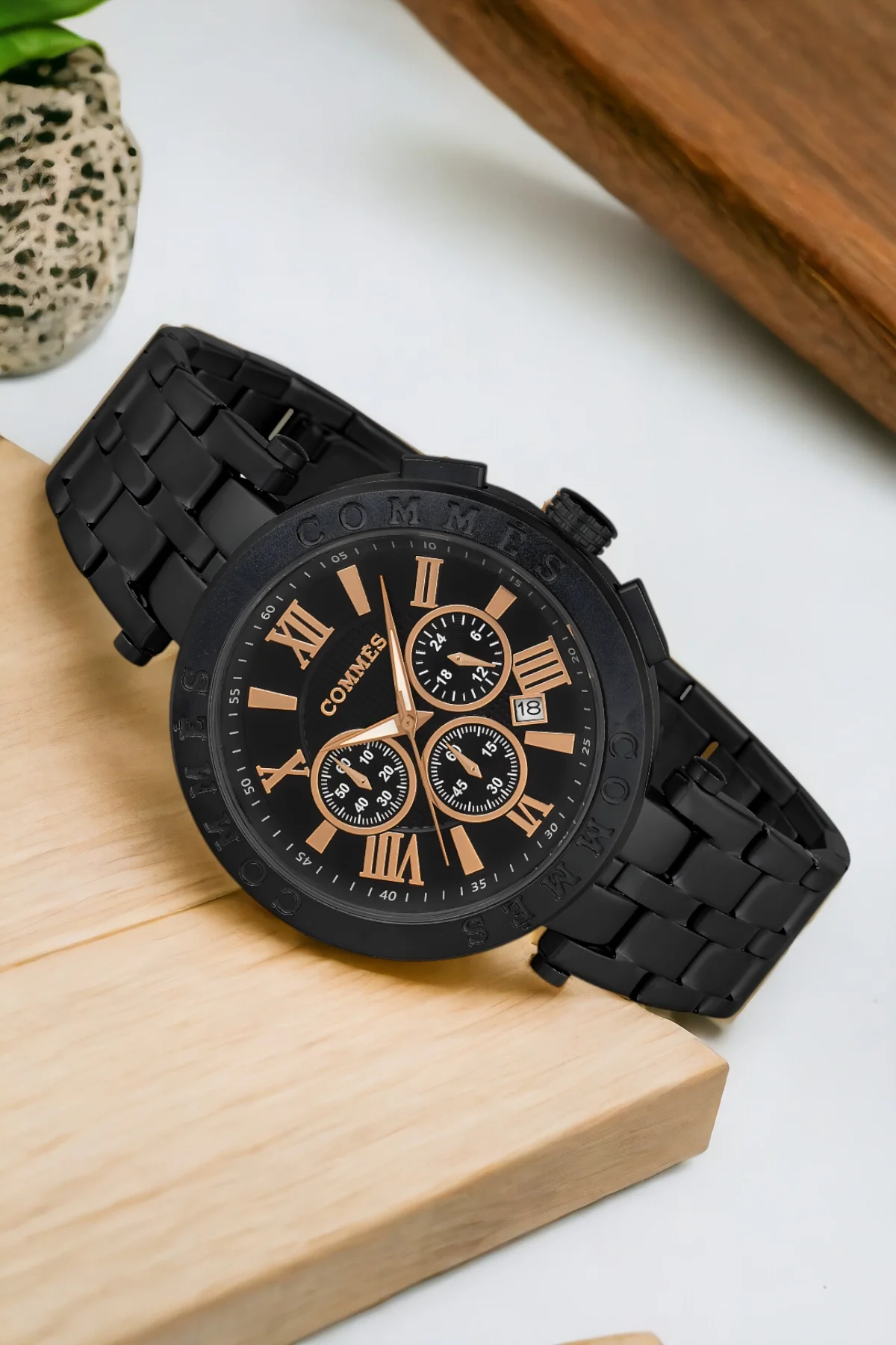 Commes Çelik Kordon Erkek Kol Saati Full Fonksiyon Crono Siyah-Rose Renk+Bileklik zmcms031